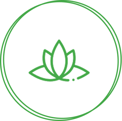 Group 34 A simple green lotus flower icon, symbolizing frequency healing therapy, sits gracefully within a double circle on a black background.