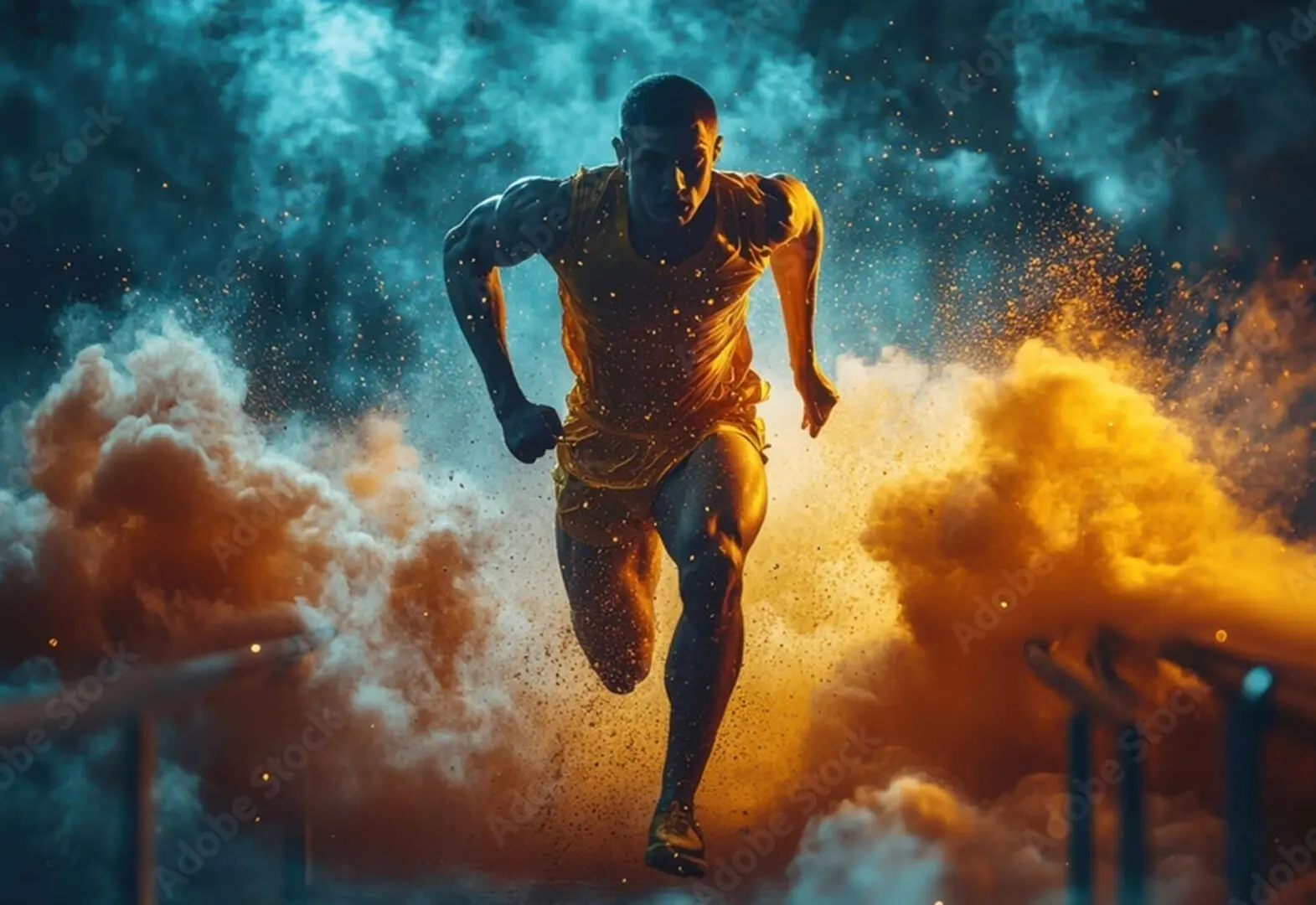 Athlete in a yellow uniform sprints forward, channeling the invigorating benefits of bioenergy, through colorful blue and orange smoke on a track.