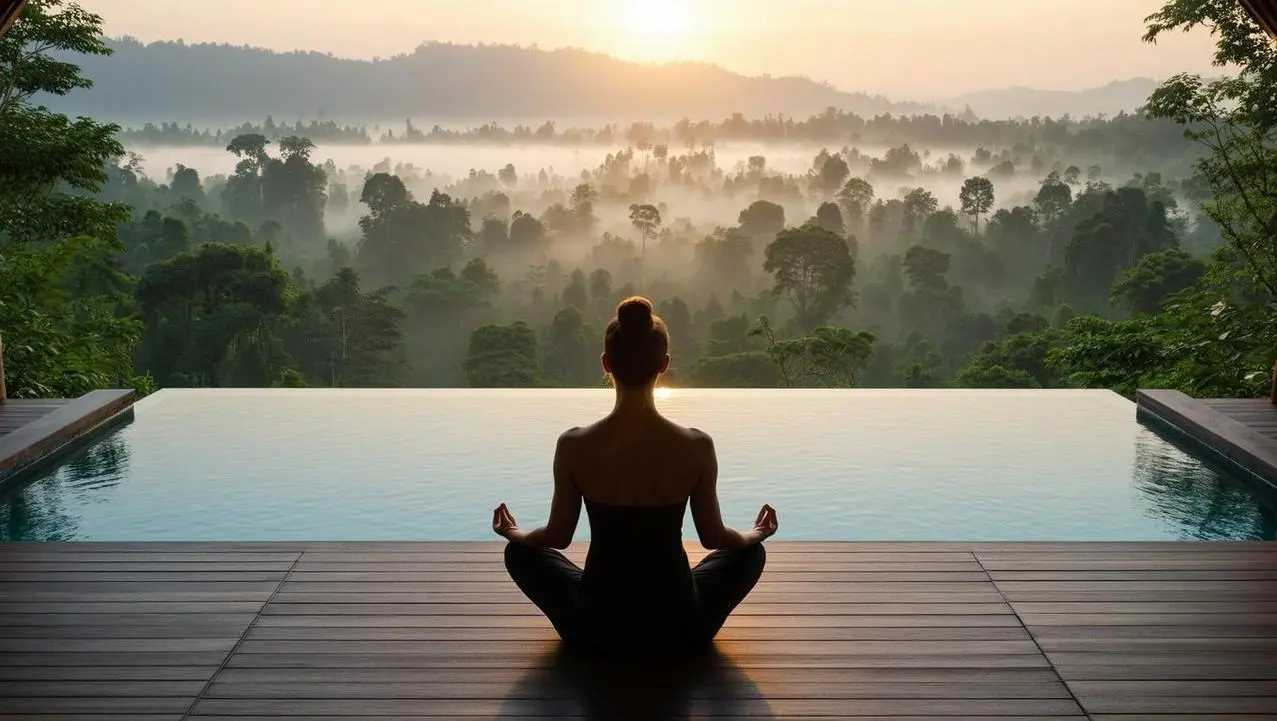 Lady meditating in landscape