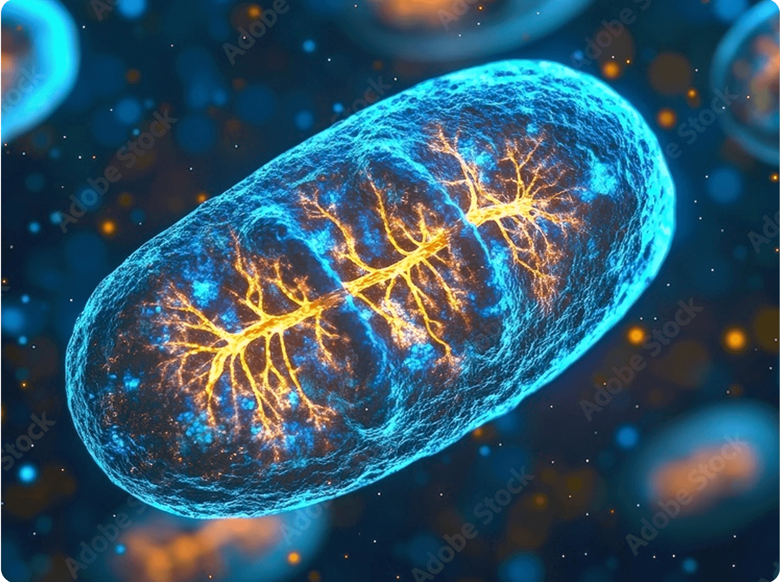 Group-47.png A blue and yellow mitochondrion with glowing lights.