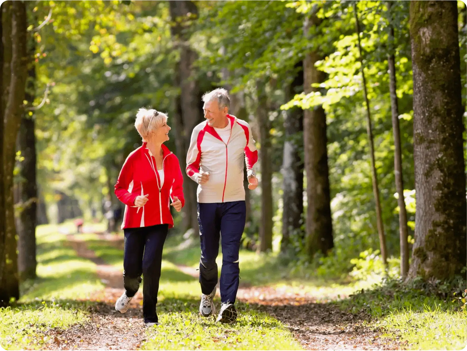 Two people walking on a path in the woods.